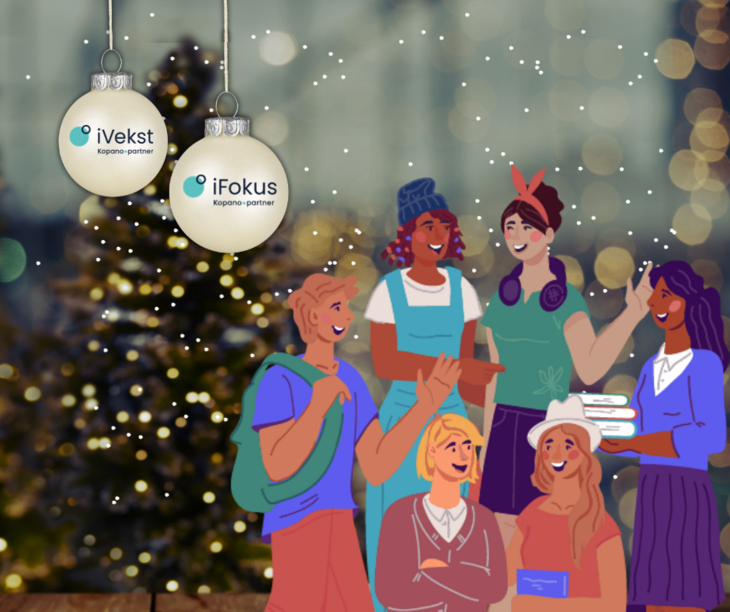Bilde av juletre i bakgrunnen to julekuler henger ned i høyre hjørne og grafisk tegning av mennesker som snakker sammen